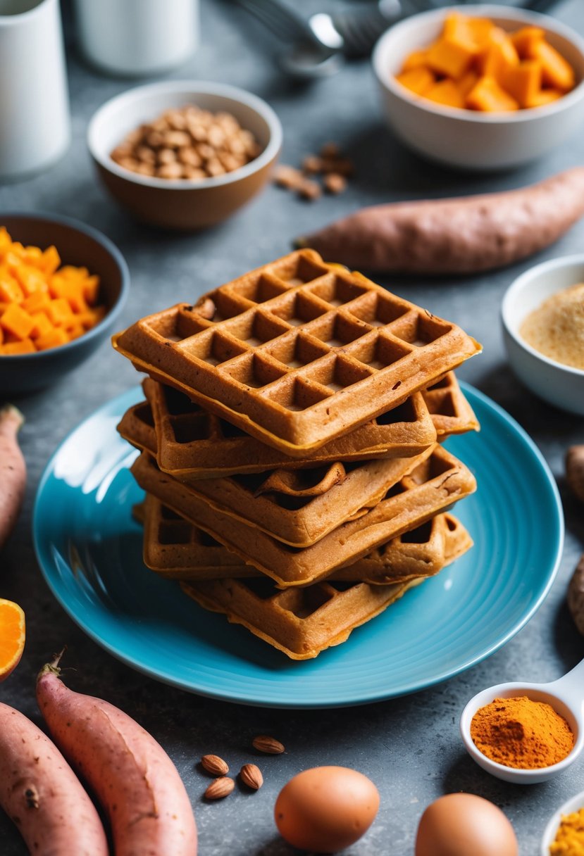 20 Sweet Potato Recipes That Will Sweeten Your Day 19 A stack of sweet potato waffles surrounded by various sweet potato ingredients and kitchen utensils