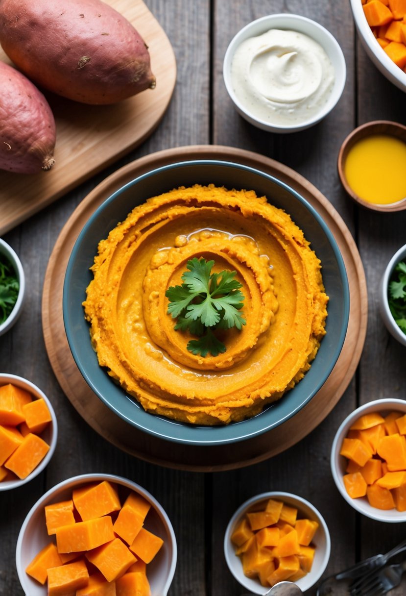 20 Sweet Potato Recipes That Will Sweeten Your Day 20 A wooden table with a bowl of sweet potato hummus surrounded by 20 different sweet potato recipes