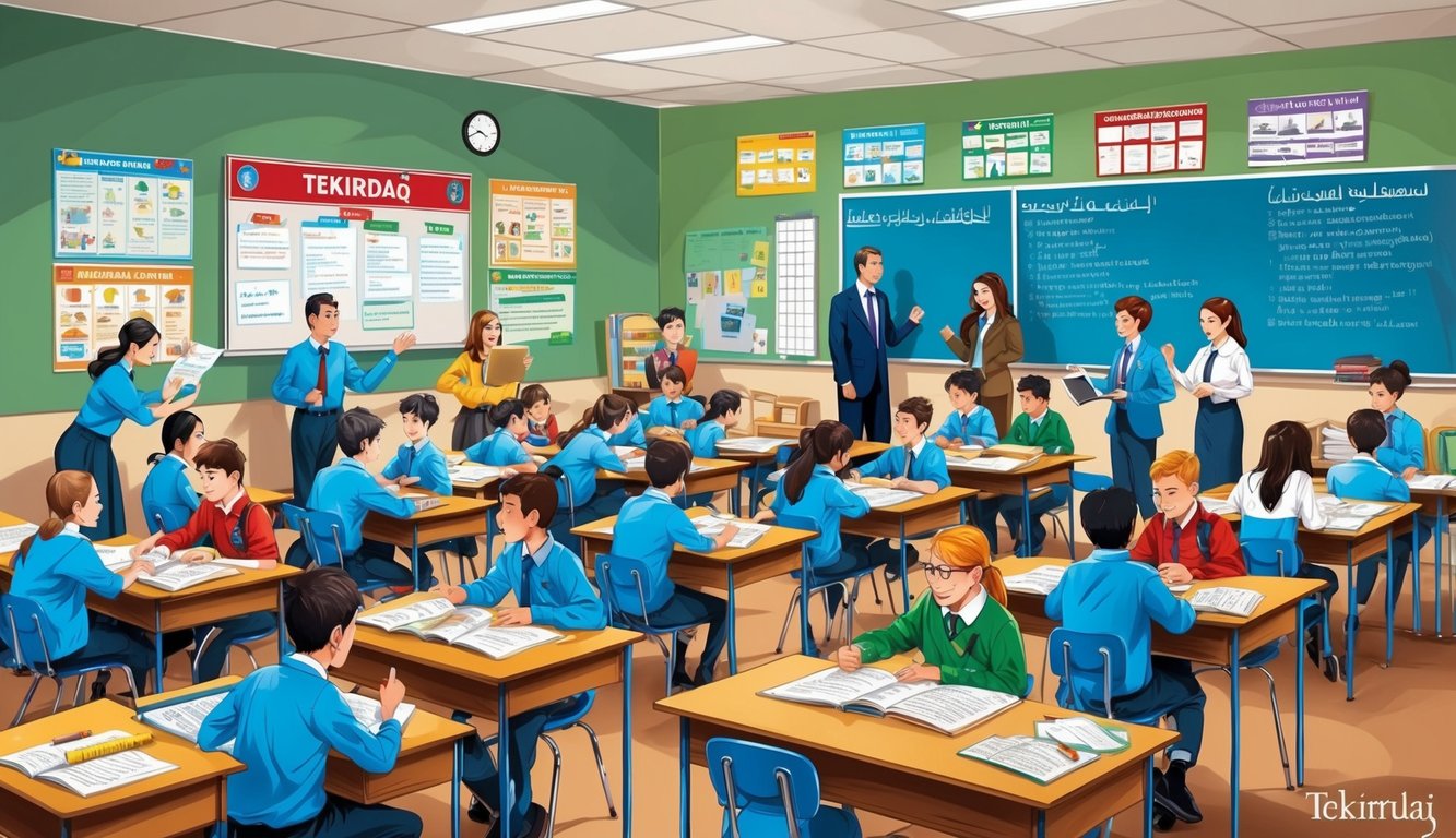 Tekirdağ'da, öğrenme ve tartışma içinde olan öğrenciler ve öğretmenlerle dolup taşan bir sınıf. Duvarlar, canlı ve uyarıcı bir ortam yaratarak eğitim posterleri ve grafiklerle süslenmiş.