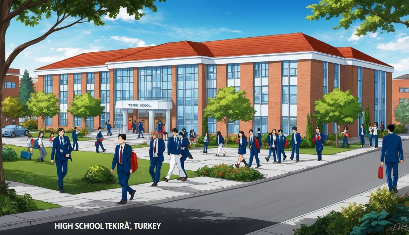 Türkiye'nin Tekirdağ şehrinde, öğrencilerin ve öğretmenlerin kampüs içinde hareket ettiği hareketli bir lise. Okul binası ağaçlar ve yeşilliklerle çevrili, üzerinde açık mavi bir gökyüzü var.