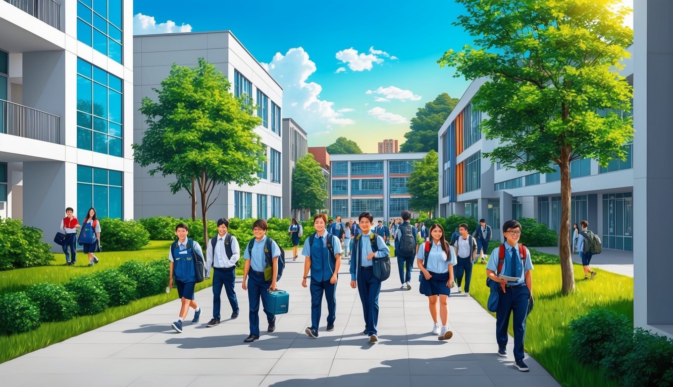 Tokat'ta, modern binalar ve yeşil alanlar arasında yürüyen öğrencilerin bulunduğu, güneşli bir gökyüzü altında hareketli bir lise.