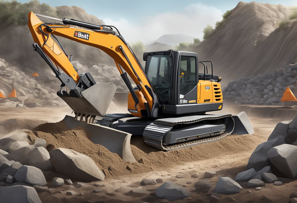 A bobcat e35 mini excavator digging in a construction site, surrounded by piles of dirt and rocks