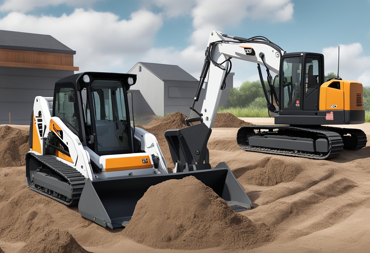 A bobcat e35 mini excavator digging alongside a larger excavator, with a construction site in the background