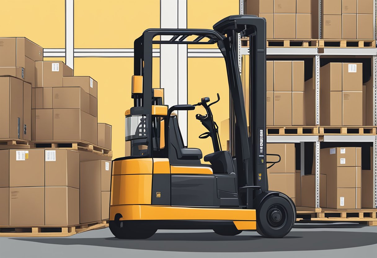 A forklift with a side shifter attachment lifting a pallet of boxes