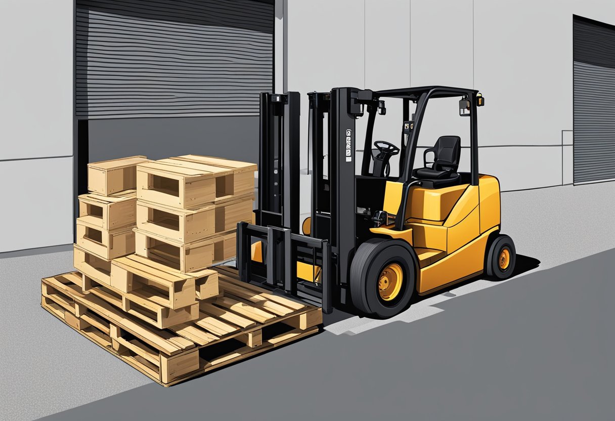 A Moffett forklift loading pallets onto a flatbed truck