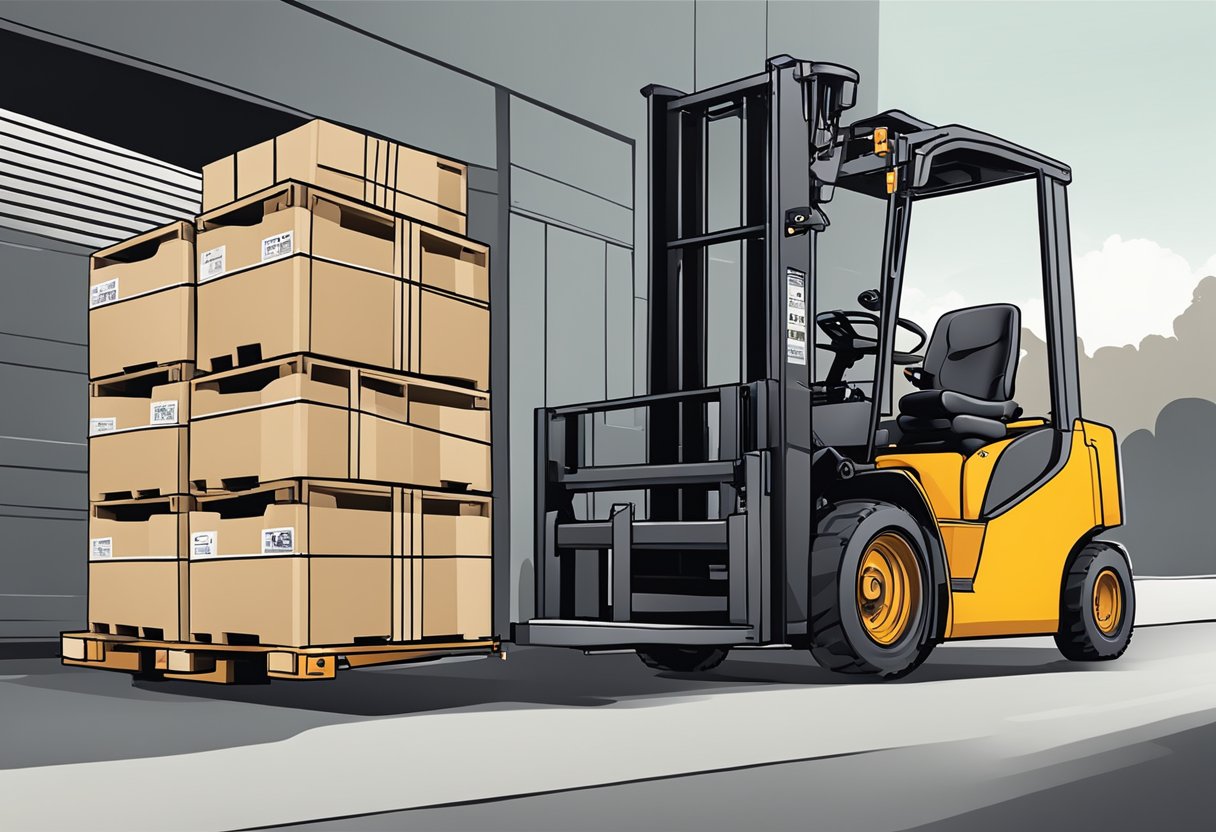 A moffett forklift lifting a pallet of goods onto a truck bed