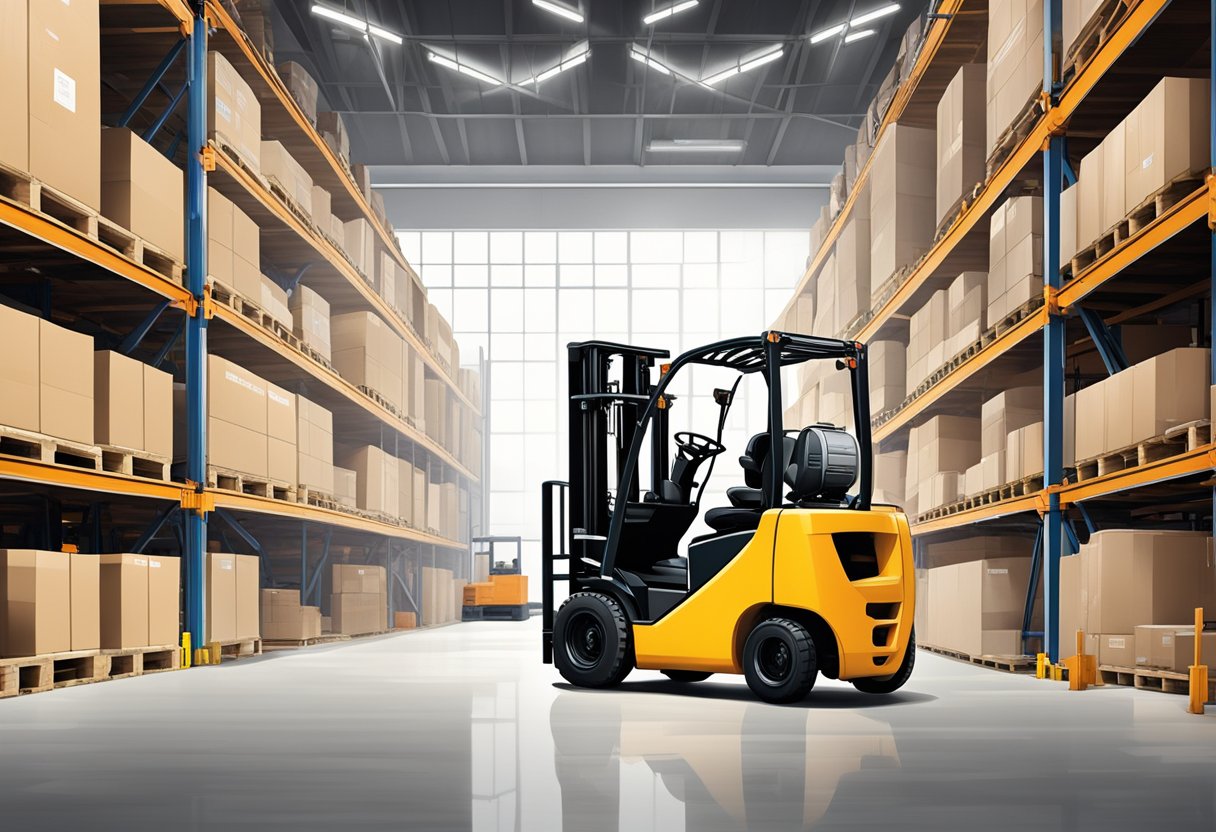 A Moffett forklift in operation, lifting a heavy load in a warehouse setting