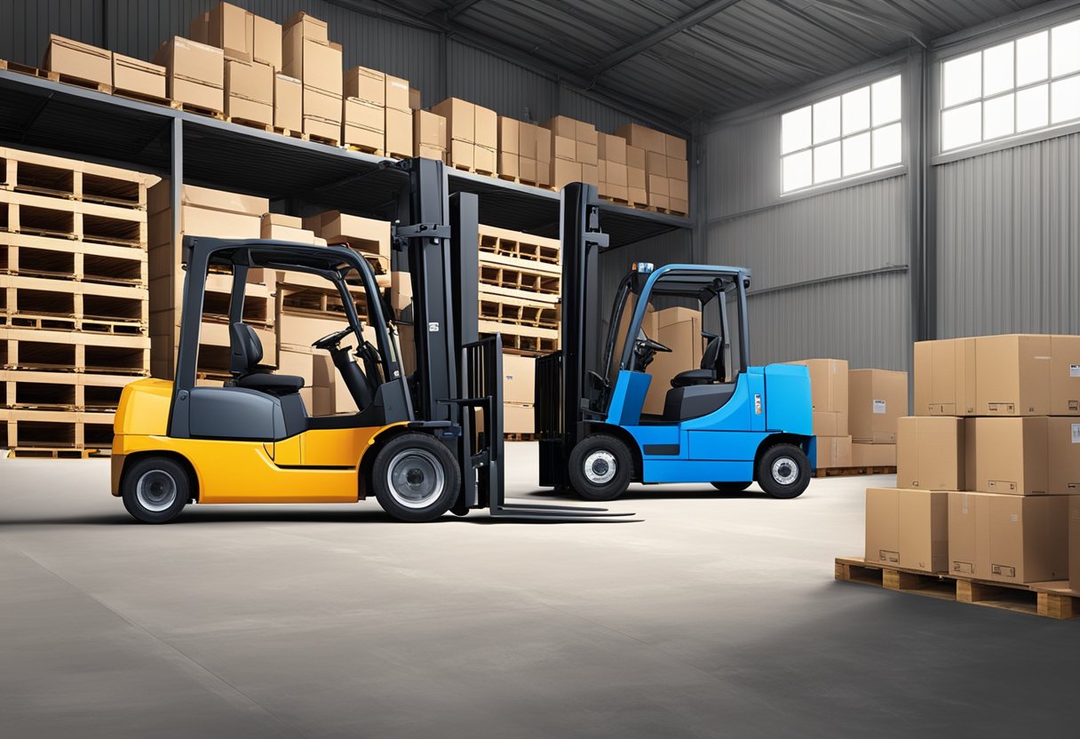 A moffett forklift loading pallets onto a truck in a warehouse