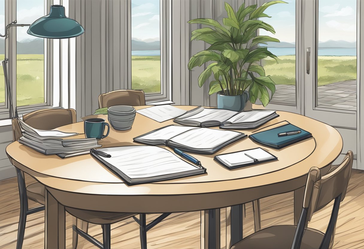 A table with two chairs, a notepad, and a pen. A professional setting with a calm and focused atmosphere