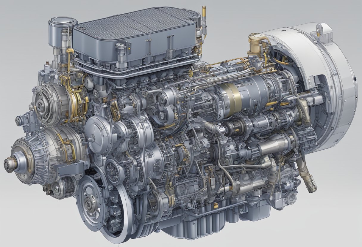 A Mitsubishi FG25N engine suspended in mid-air, with various mechanical components surrounding it for assembly