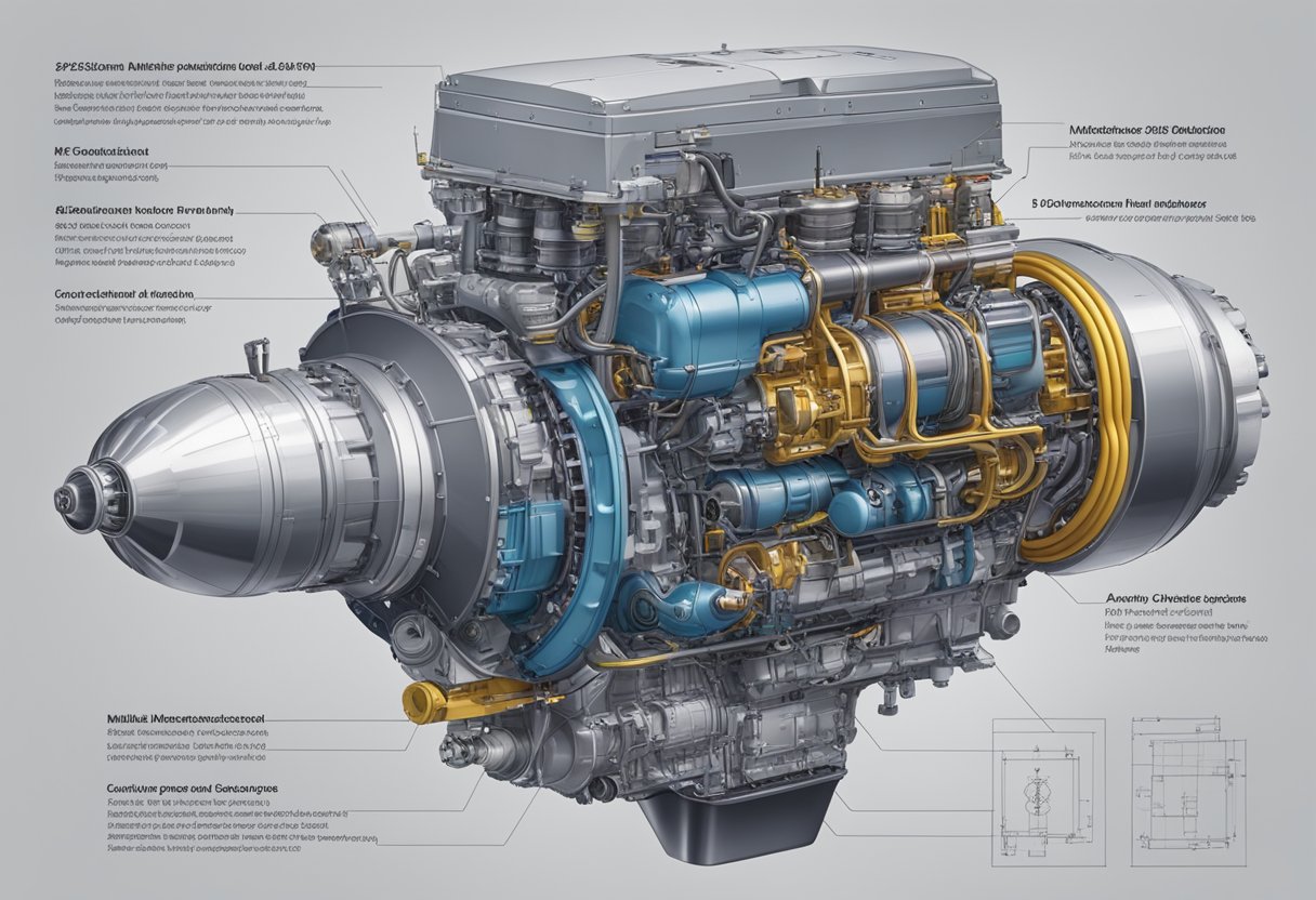 A Mitsubishi FG25N engine suspended in mid-air, with various technical specifications and components floating around it