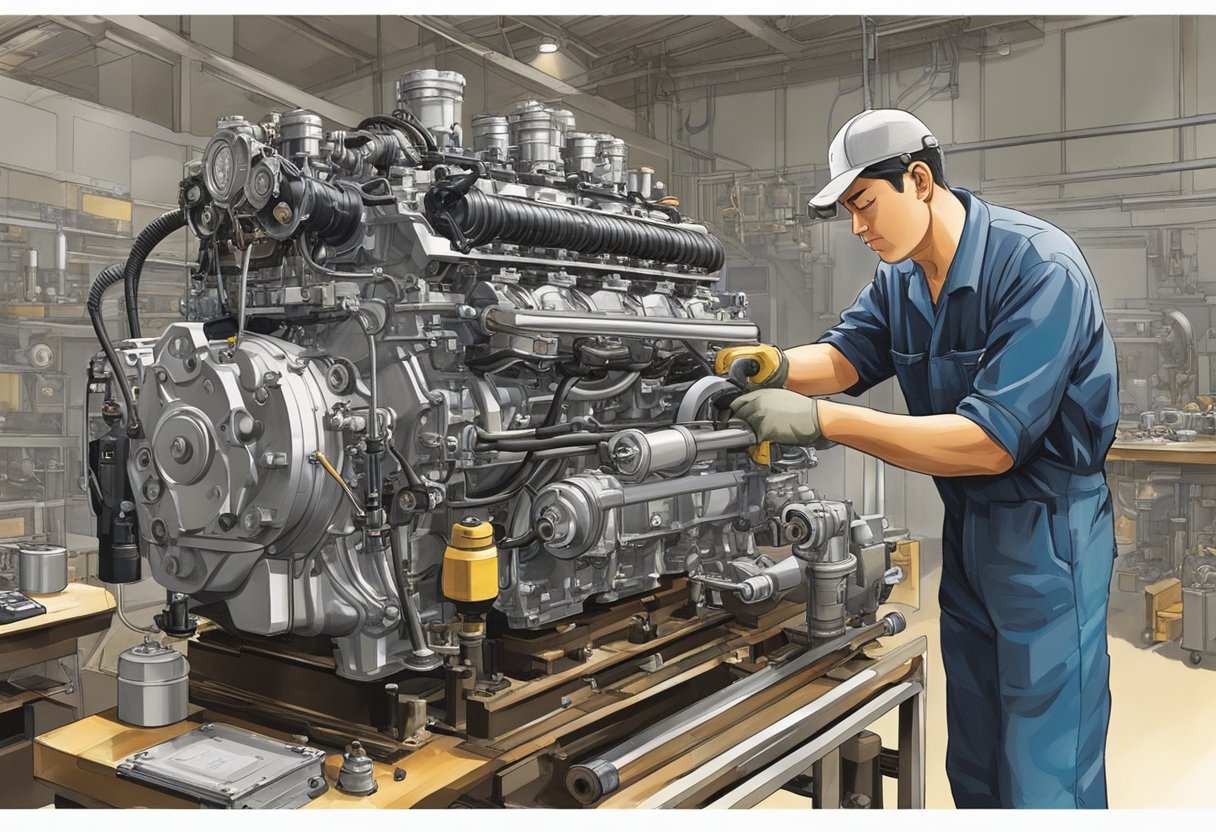 A Mitsubishi FG25N engine is being inspected and maintained by a technician in a well-lit industrial workshop. The engine is mounted on a stand, with various tools and equipment scattered around