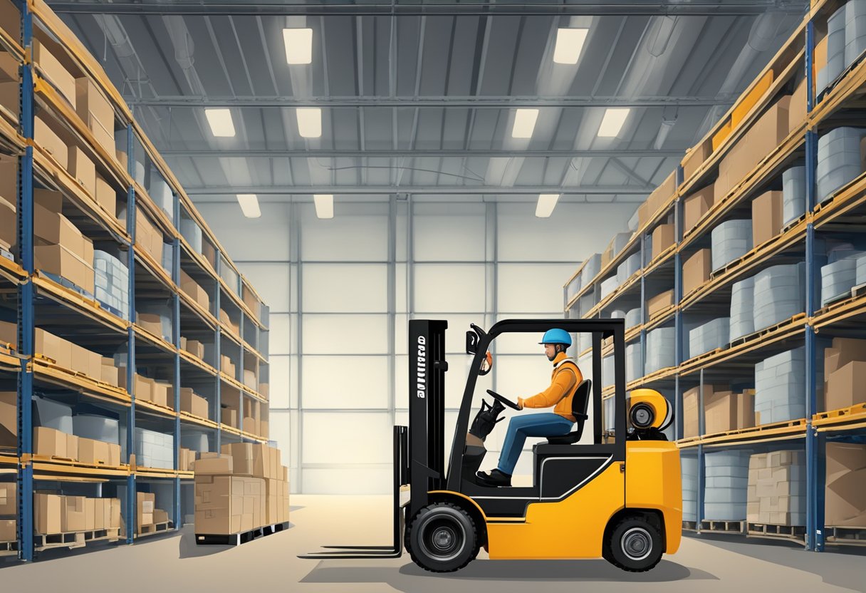 A forklift with a Mitsubishi FG25N engine sits in a spacious warehouse, surrounded by shelves of various industrial equipment and supplies