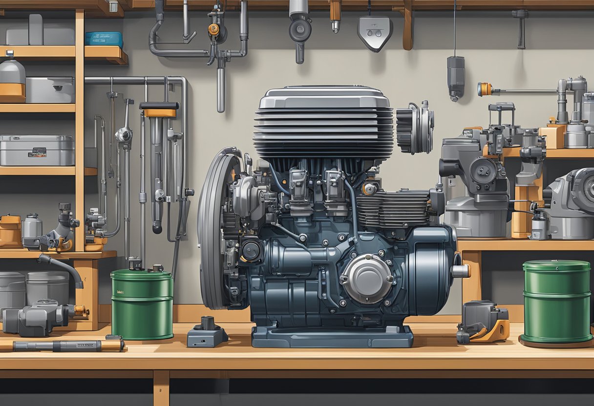 The Mitsubishi FG25N engine with various accessories and attachments arranged neatly in a well-lit workshop