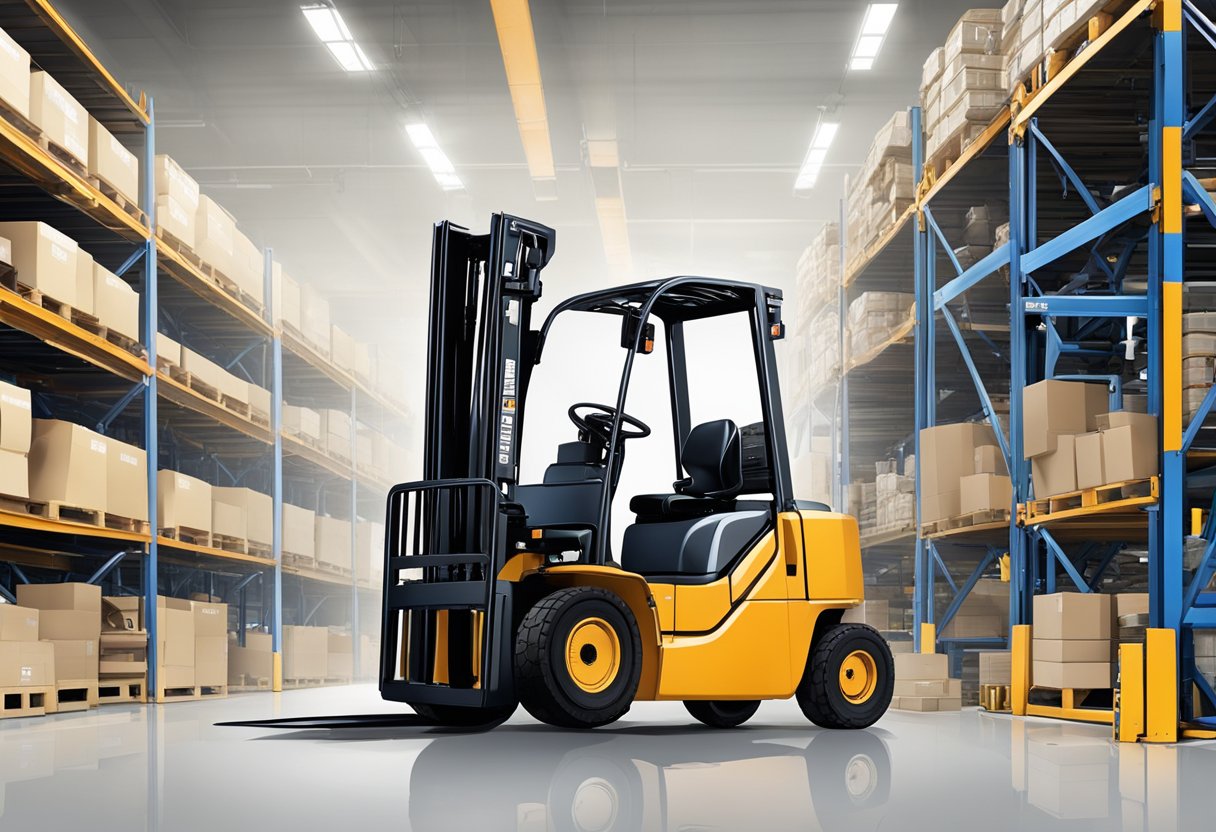 A forklift with a Mitsubishi FG25N engine receiving warranty and support from a technician