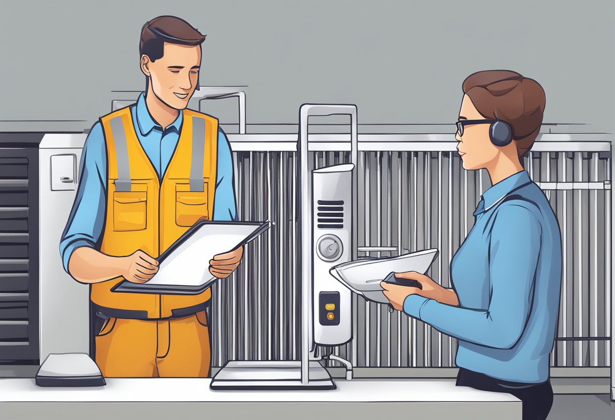 A customer service representative assisting a customer with purchasing and after-sales information for an fg25n radiator