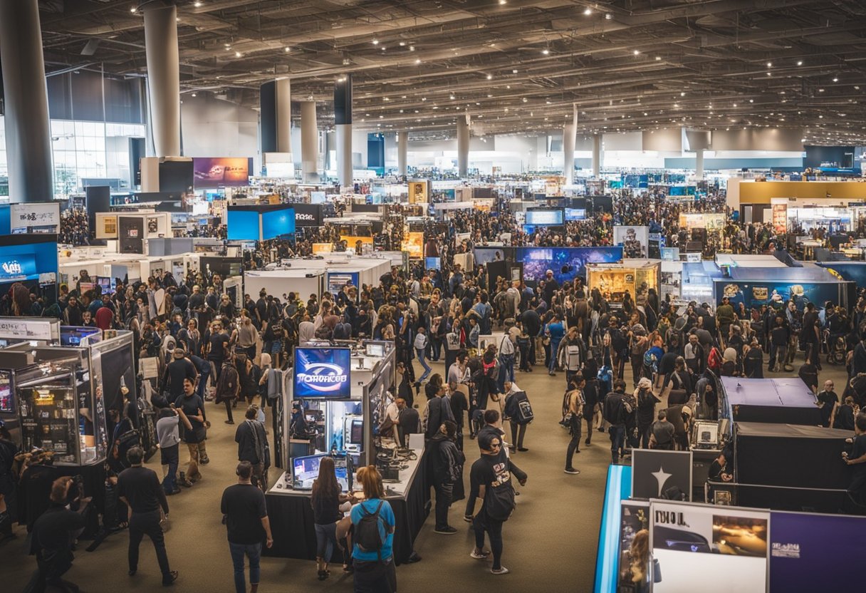 The bustling convention floor at Silicon Valley Comic Con, filled with colorful booths and excited attendees, as cosplayers and fans mingle among the latest pop culture exhibits