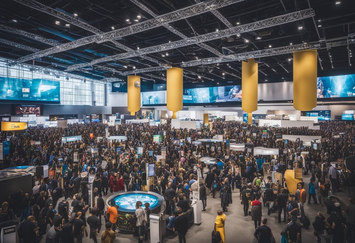 A bustling convention center filled with futuristic technology, colorful costumes, and enthusiastic fans at the 2024 Silicon Valley Comic Con