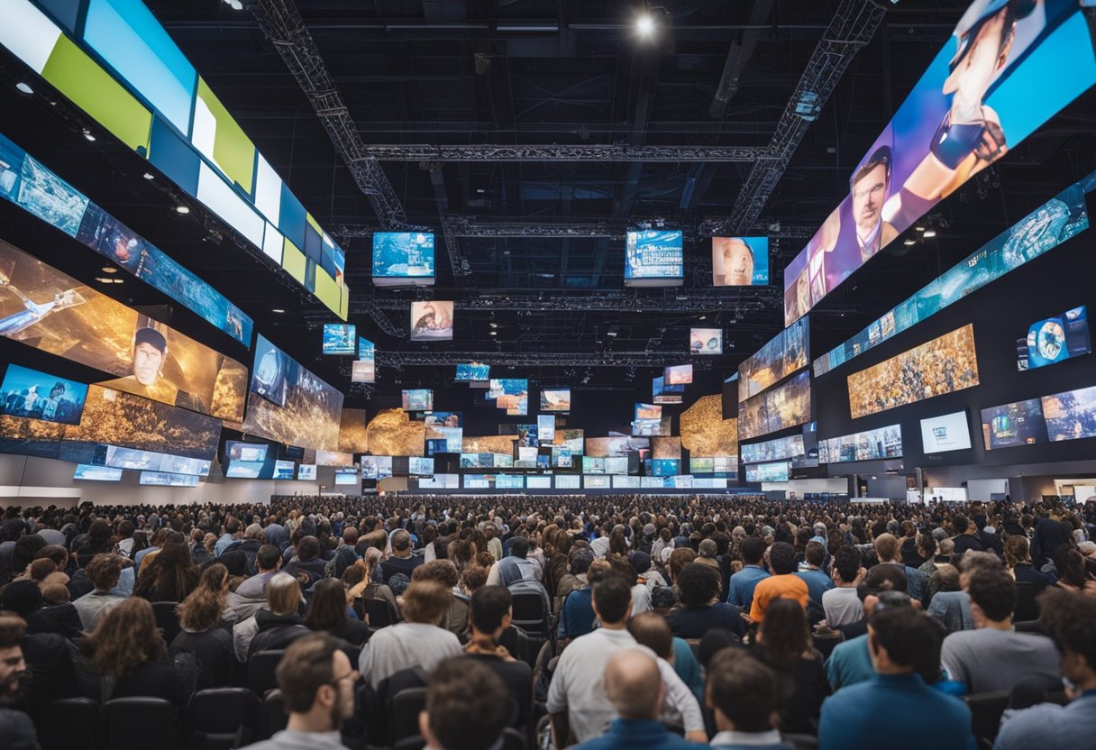 A crowded convention hall filled with colorful panels and large screens, with attendees eagerly discussing and viewing the latest updates for Silicon Valley Comic Con 2024