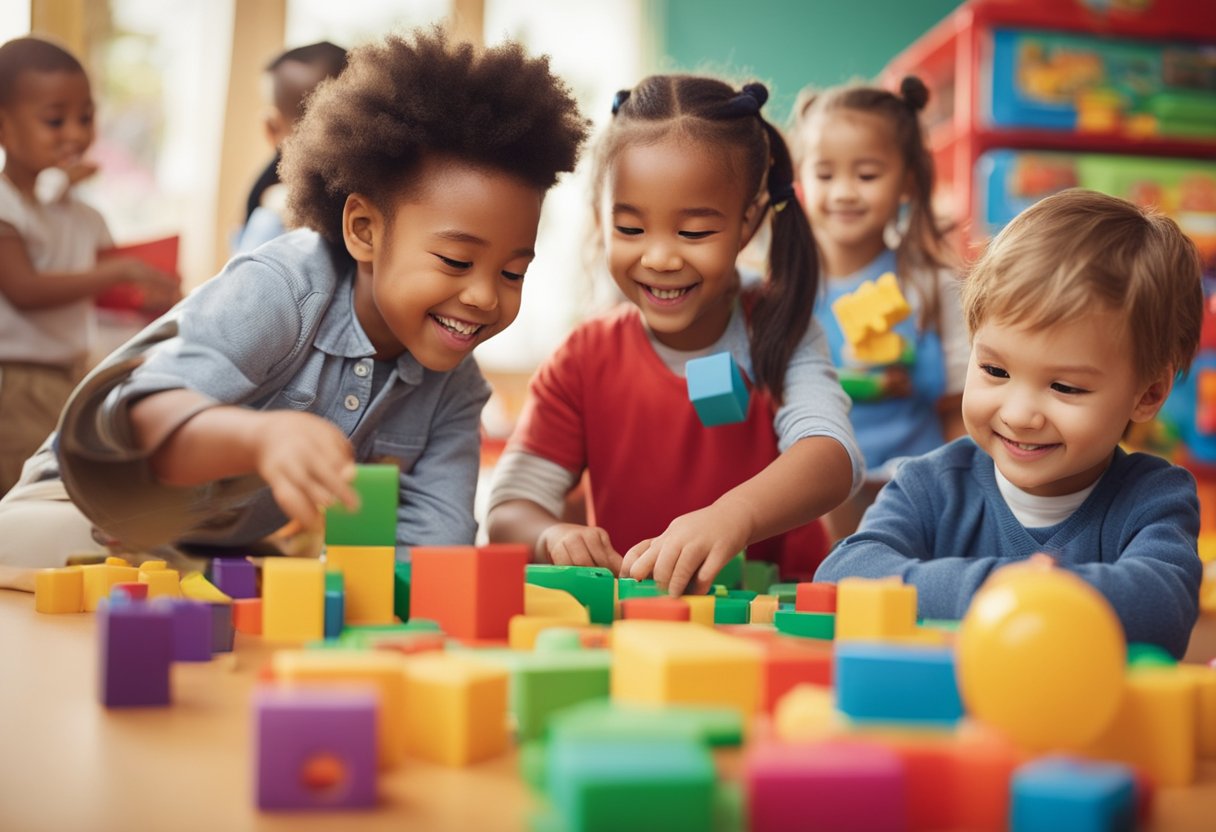 Vaikų grupė, žaidžianti ir mokanti nepriklausomai spalvingoje ir patrauklioje ikimokyklinėje aplinkoje, kurioje jiems prieinamos įvairios edukacinės medžiagos ir veiklos.