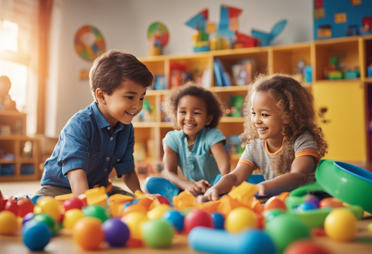 Vaikų grupė žaidžia spalvingoje ir gyvybingoje ikimokyklinėje klasėje, kurioje aplinkui išmėtyti žaislai ir edukacinės medžiagos.