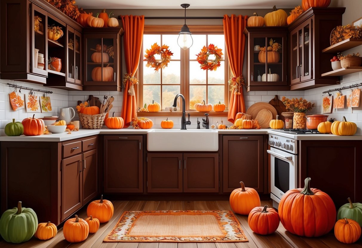 A cozy kitchen filled with the warm aroma of pumpkin spice, surrounded by fall-themed crafts and freshly picked apples and pumpkins