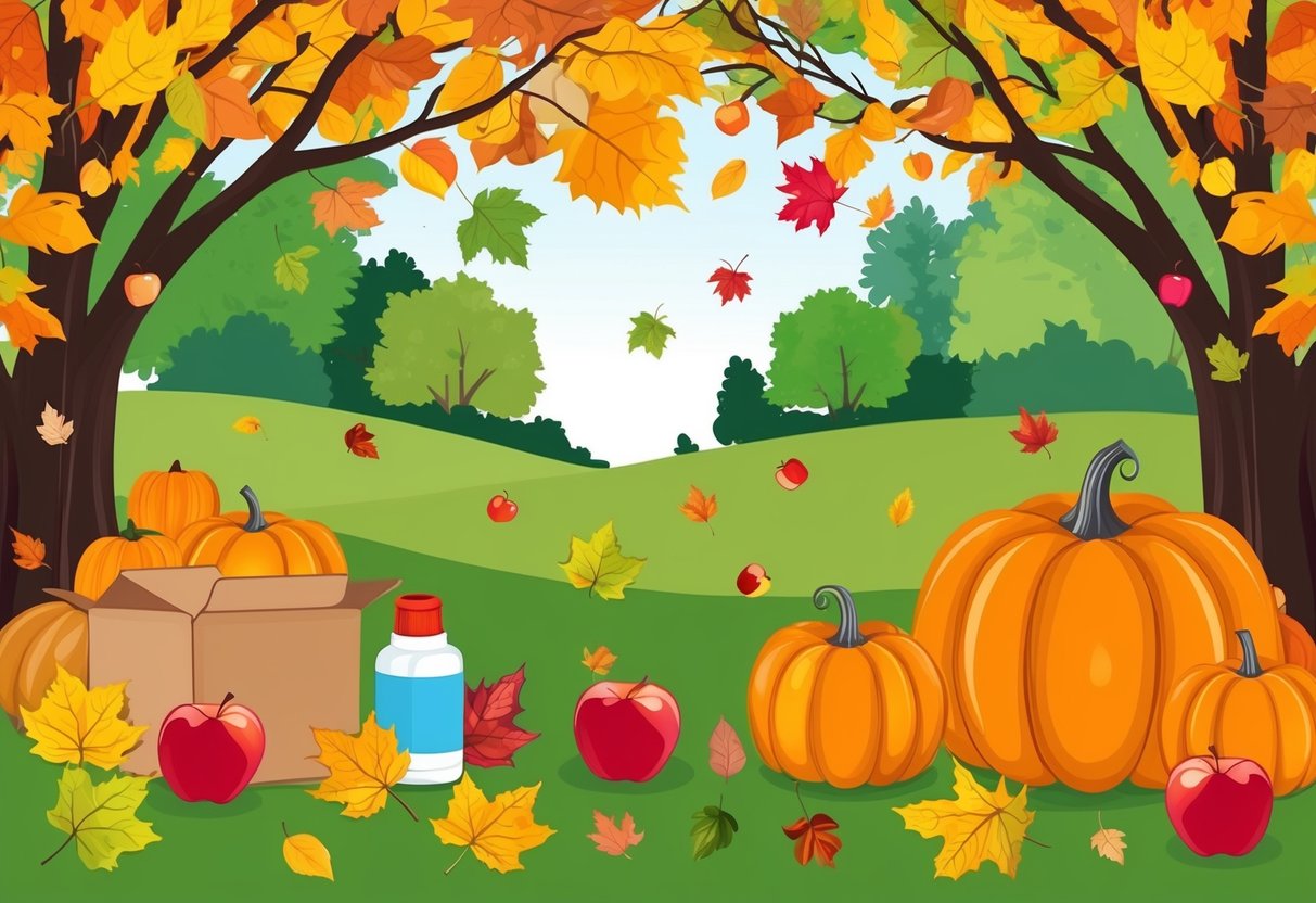 A colorful nature scene with leaves, apples, pumpkins, and craft supplies scattered around for a fall-themed illustration