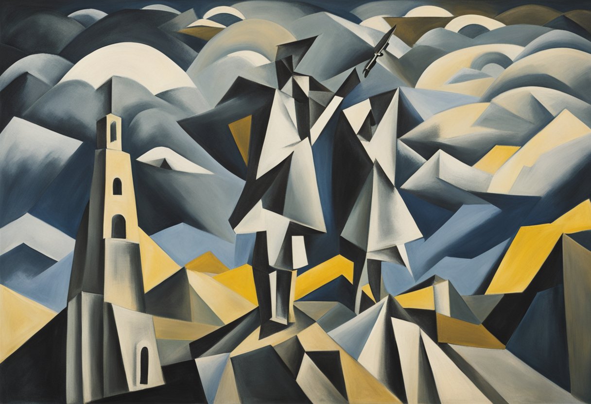 A lone warrior stands on a mountain peak, surrounded by swirling winds and elements. He holds a sword aloft, symbolizing strength and determination in the face of adversity