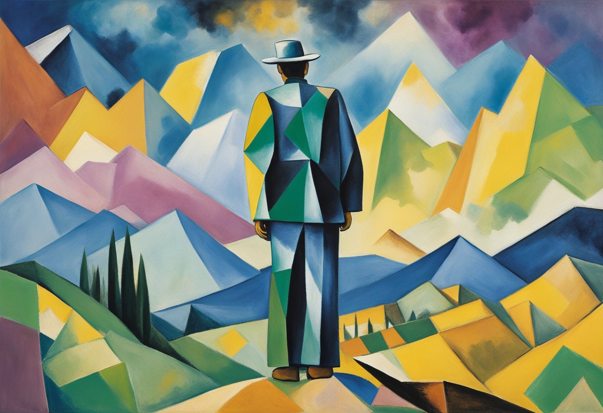 A lone figure stands on a mountain peak, surrounded by a serene landscape. The sky is a mix of vibrant colors, symbolizing hope and strength