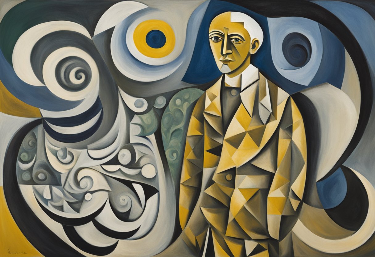 A solitary figure standing strong amidst swirling elements of chaos and tranquility, symbolizing the journey of a cancer warrior seeking to restore balance