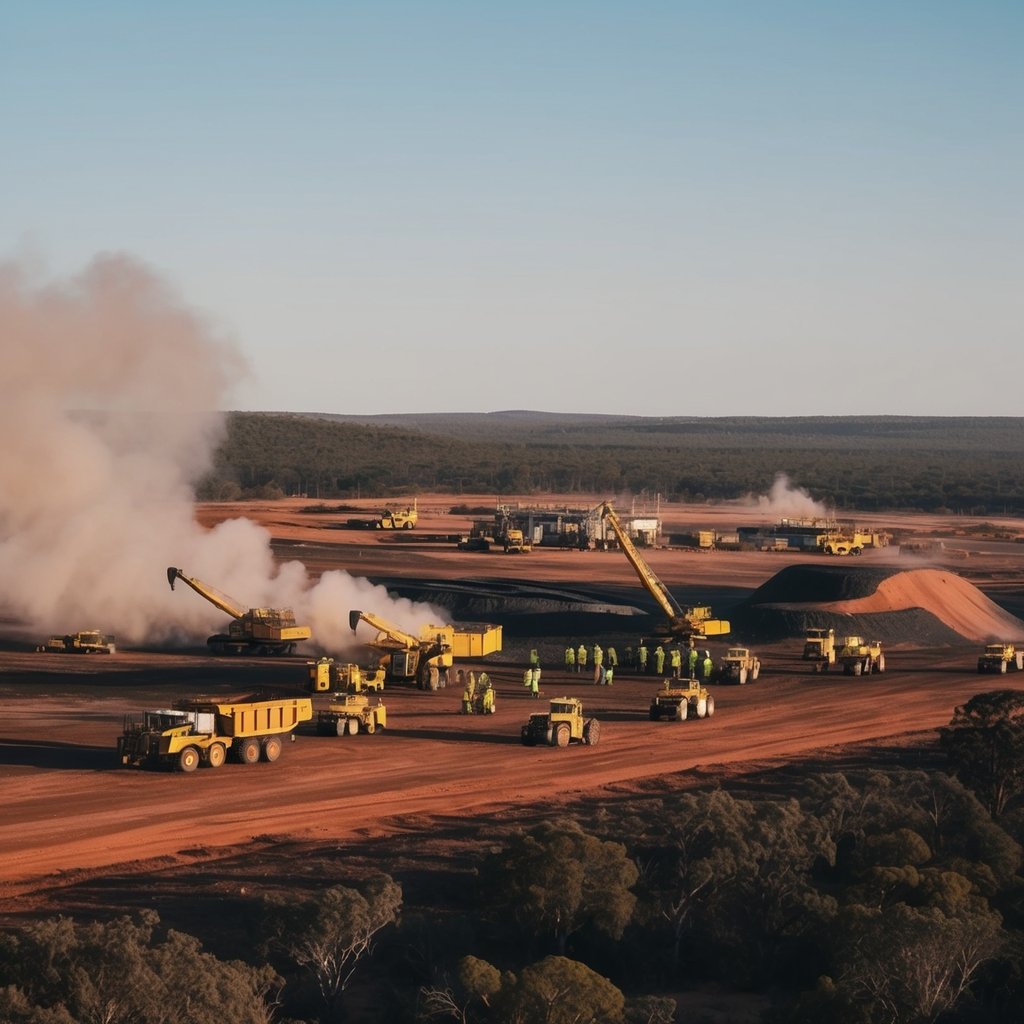 A vast Australian outback landscape with a bustling mining site, heavy machinery, and workers in high-visibility gear