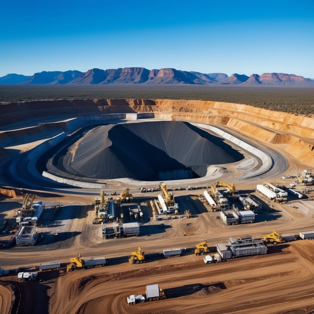 A vast, open-pit mine in the Australian Outback, surrounded by heavy machinery and a network of roads, with a backdrop of rugged mountains and clear blue skies