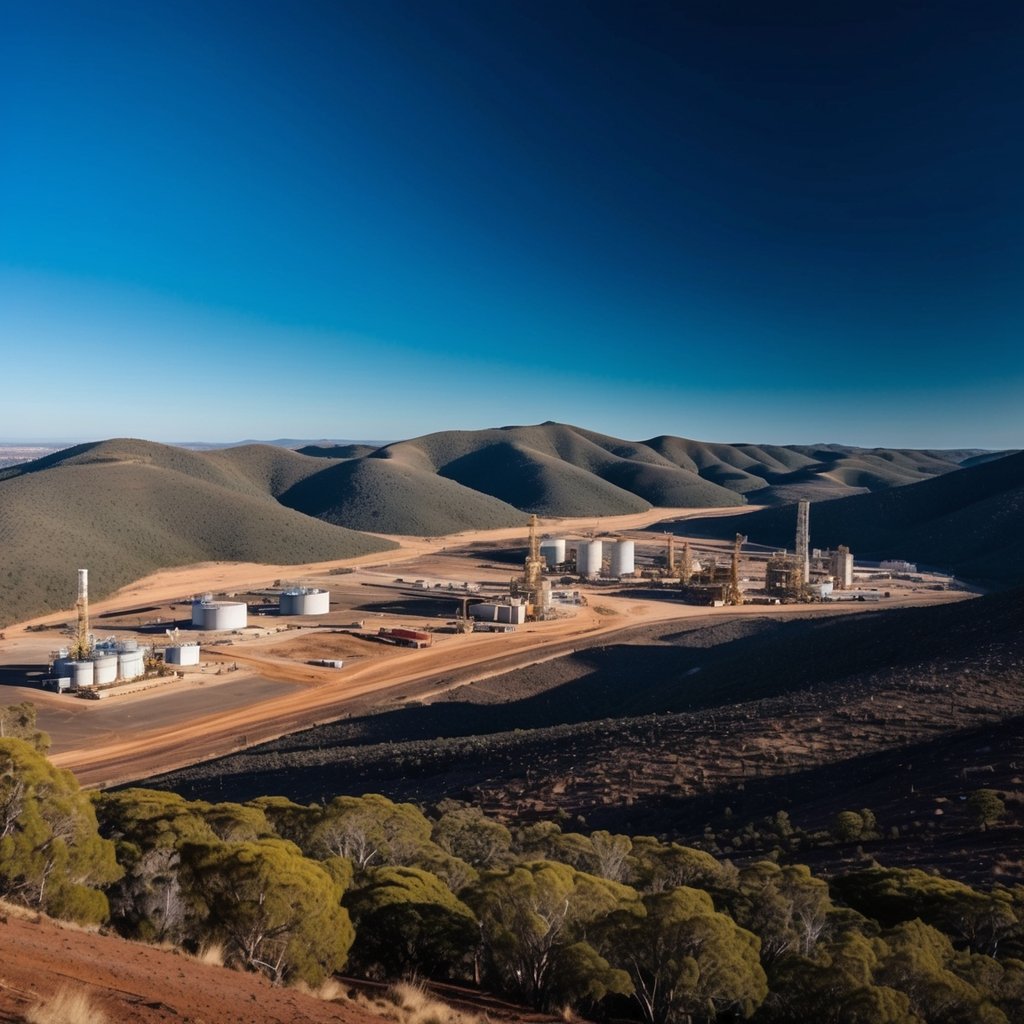 A vast, rugged Australian landscape dotted with mining equipment and infrastructure, surrounded by rolling hills and clear blue skies