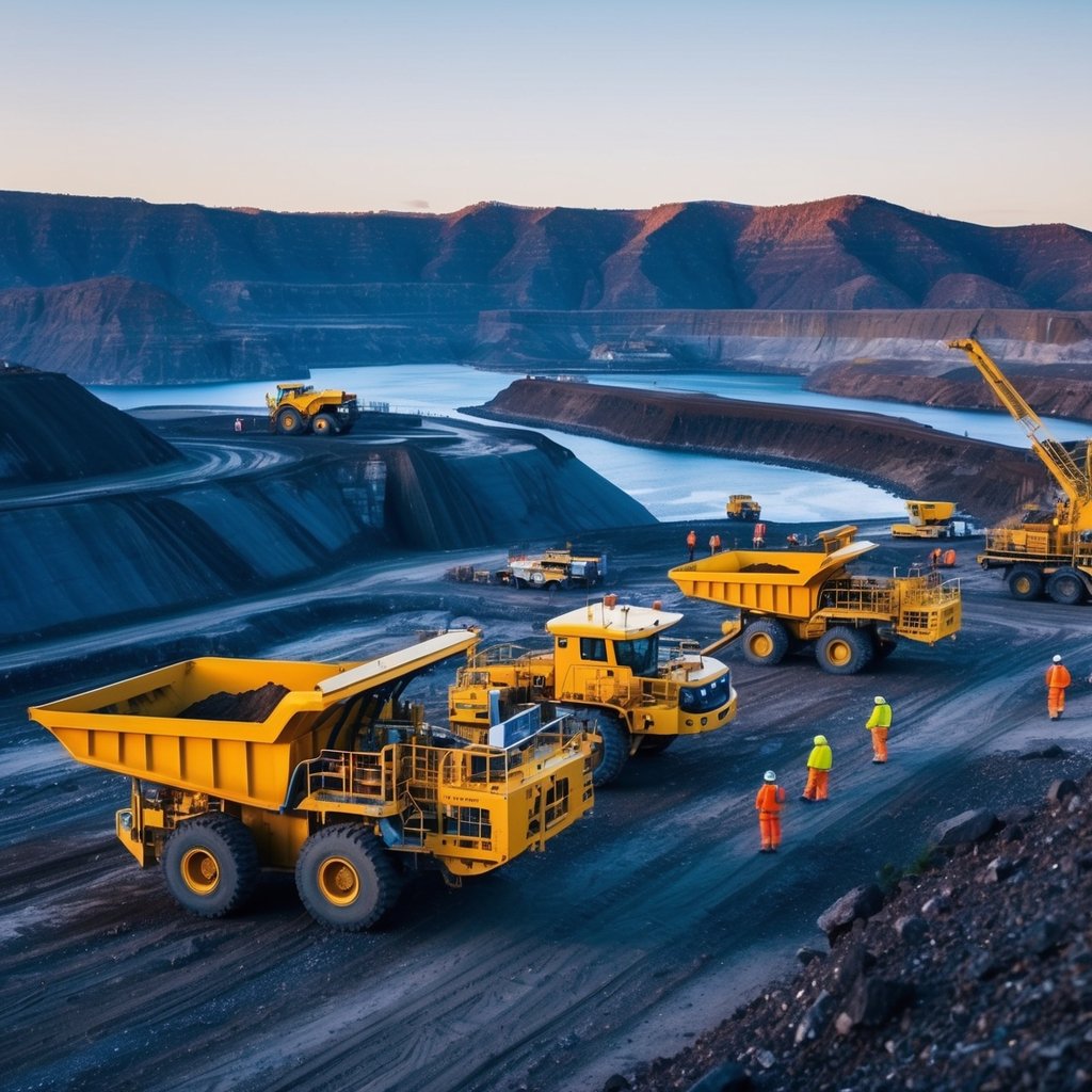 A bustling Australian mining site with heavy machinery, workers, and a landscape of rugged terrain and mineral-rich earth