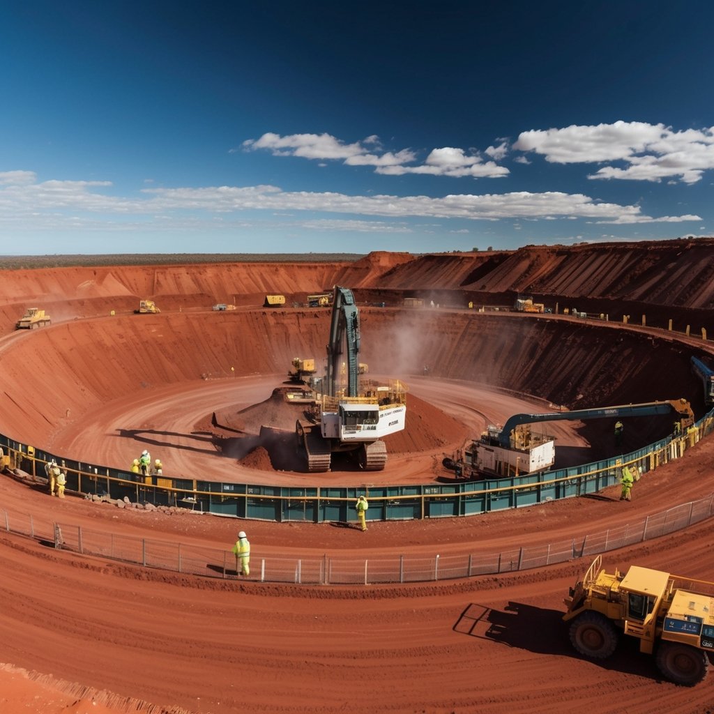 A vast open-pit mine in the Australian outback, with heavy machinery and workers in high-visibility gear, surrounded by red earth and blue skies