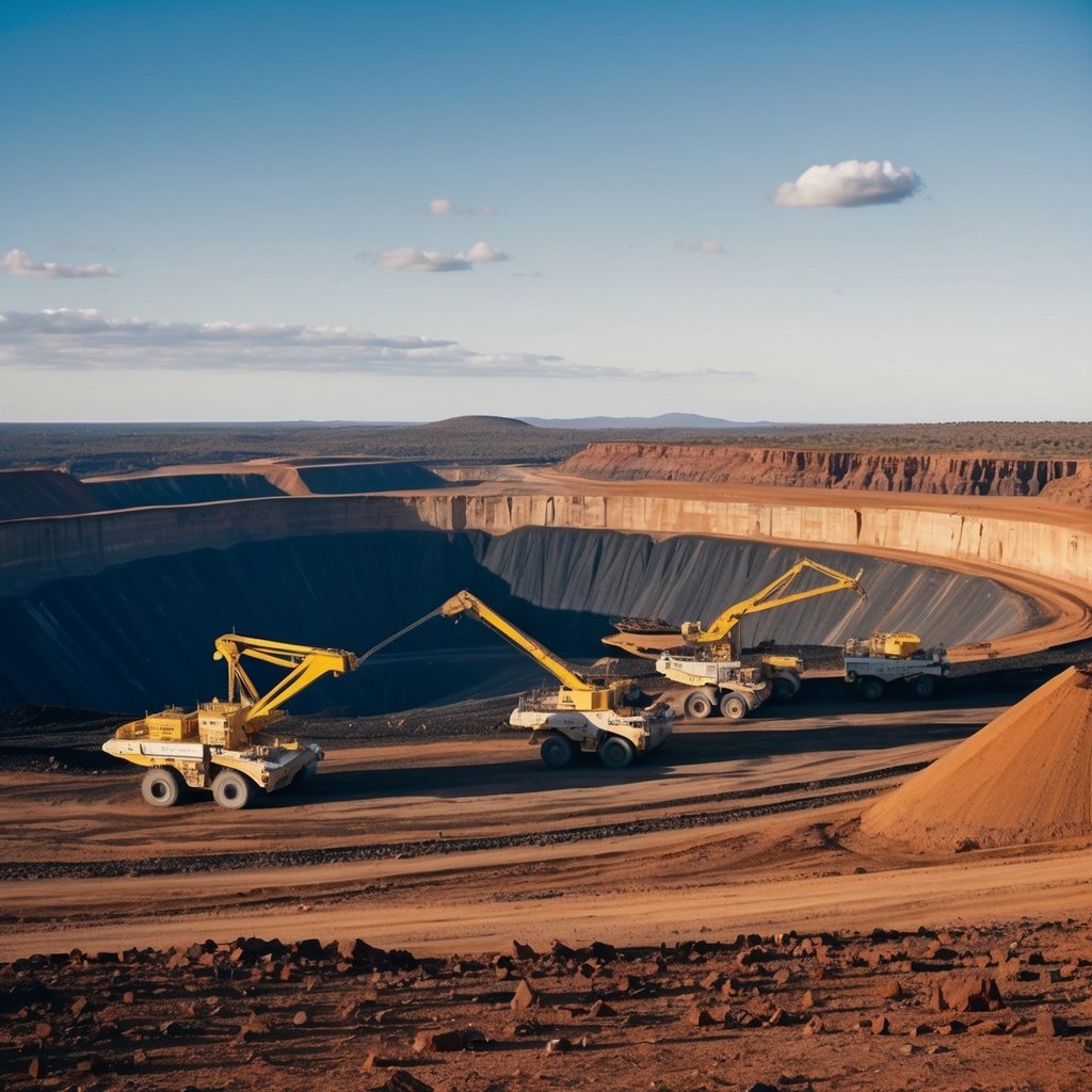 A vast open-pit mine in the Australian outback, with massive mining equipment and vehicles operating amidst the rugged landscape