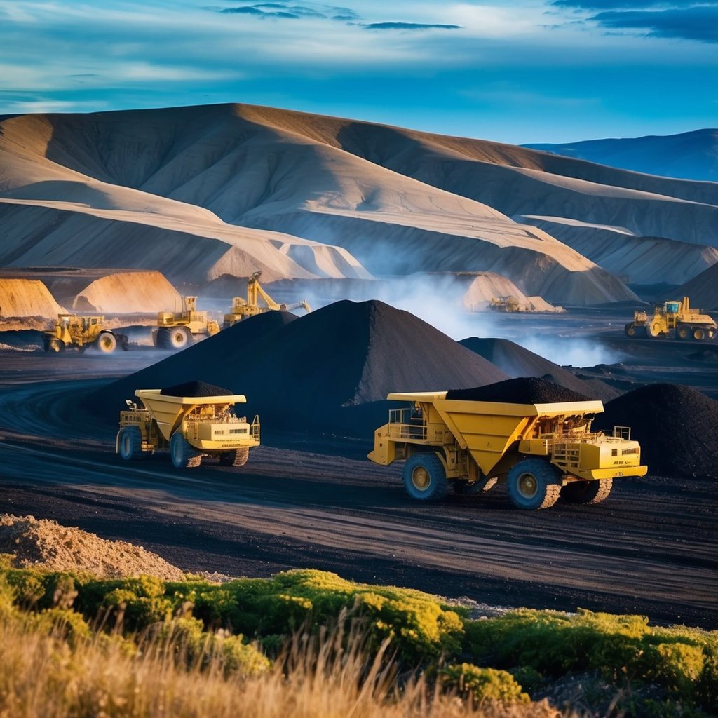 A vast, rugged landscape with heavy machinery and mining equipment in operation, surrounded by rolling hills and abundant natural resources