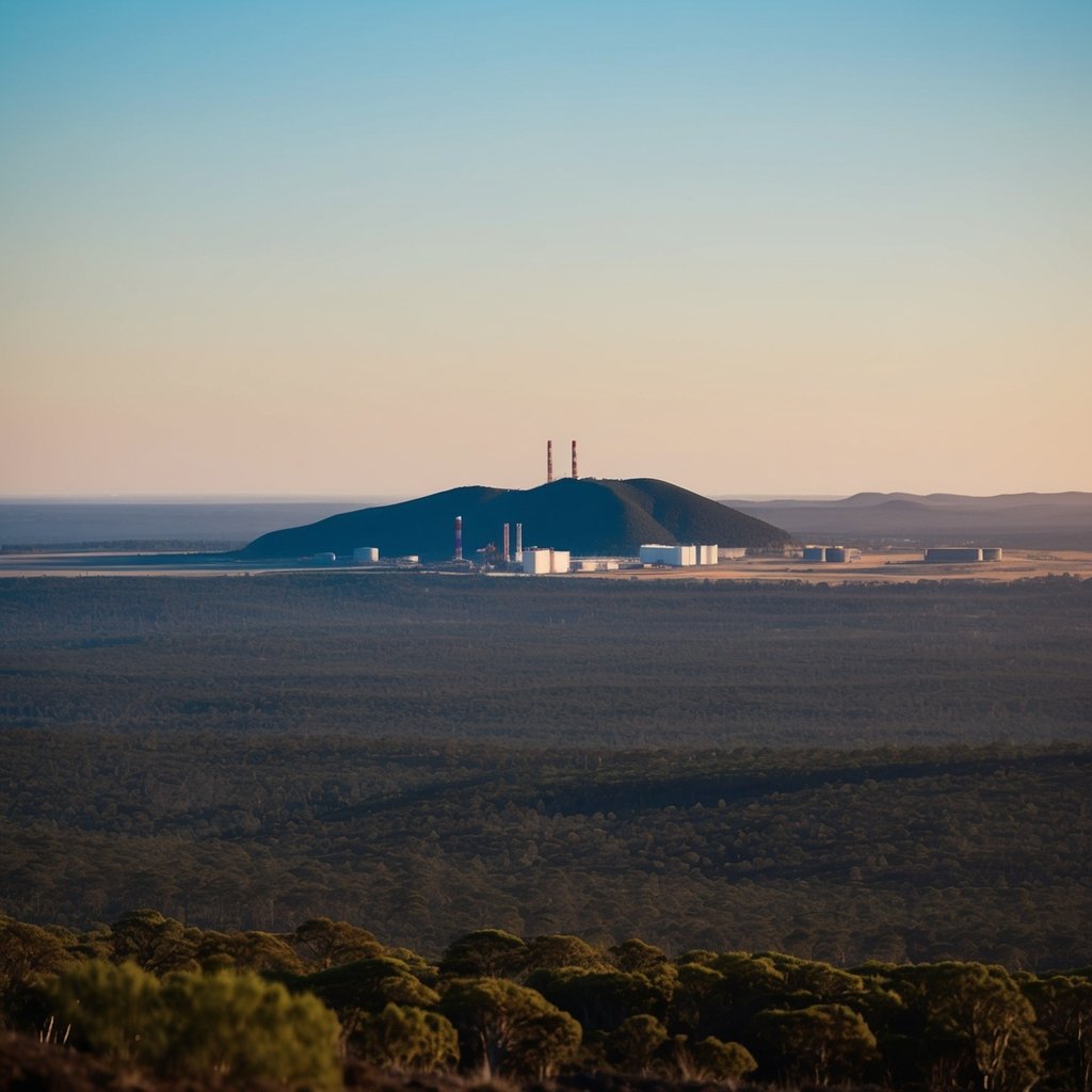 A vast Australian landscape with a mining site in the distance, surrounded by native flora and fauna. Renewable energy sources are visible, highlighting sustainability efforts