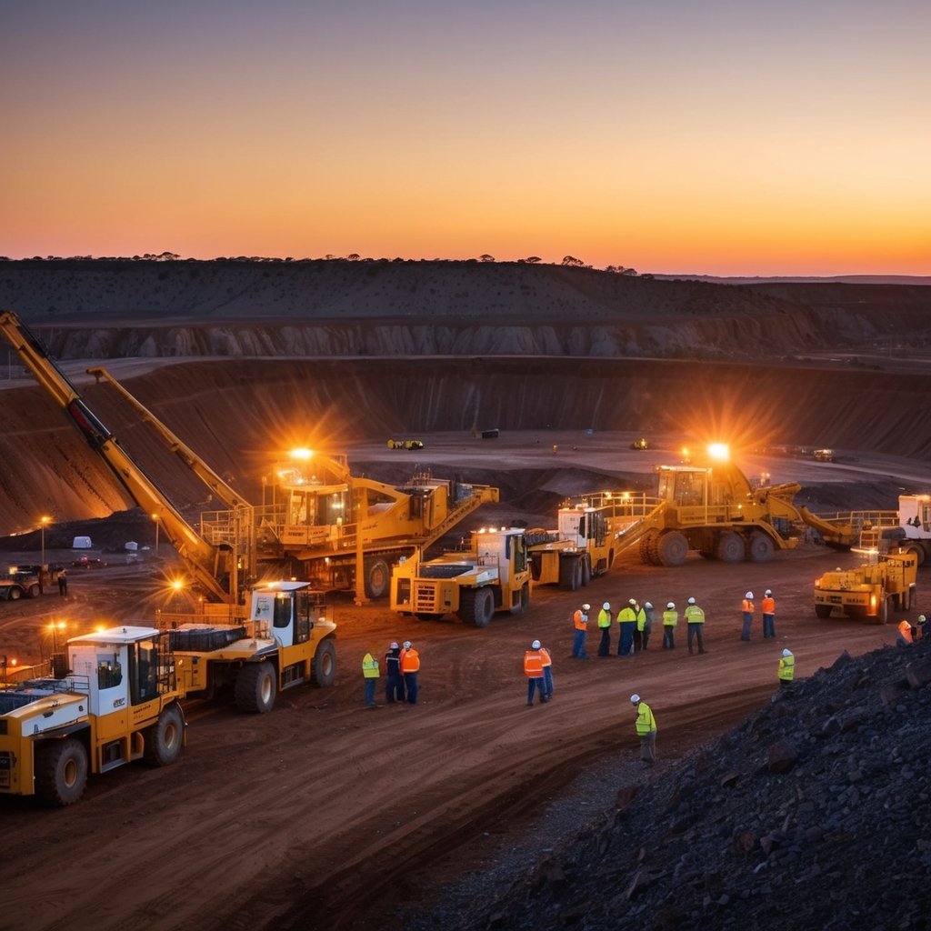 A bustling mining site in the Australian outback, with heavy machinery and workers in high-visibility gear. The sun sets behind the rugged landscape, casting a warm glow over the scene