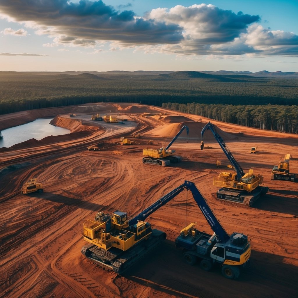 A vast Australian landscape with mining equipment, workers, and natural resources