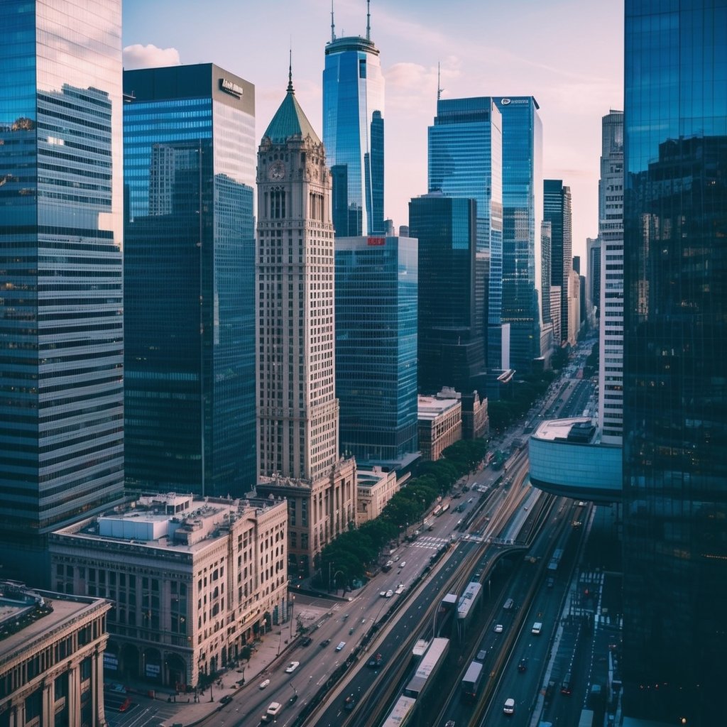 A bustling cityscape with skyscrapers and bustling streets, featuring prominent industries such as technology, healthcare, and finance