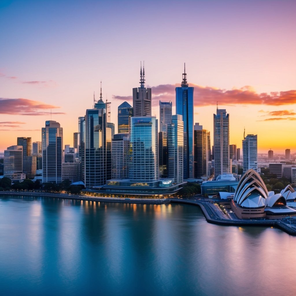 A bustling Australian city skyline with prominent industries such as technology, healthcare, and finance, showcasing the diverse job market opportunities for Western foreigners