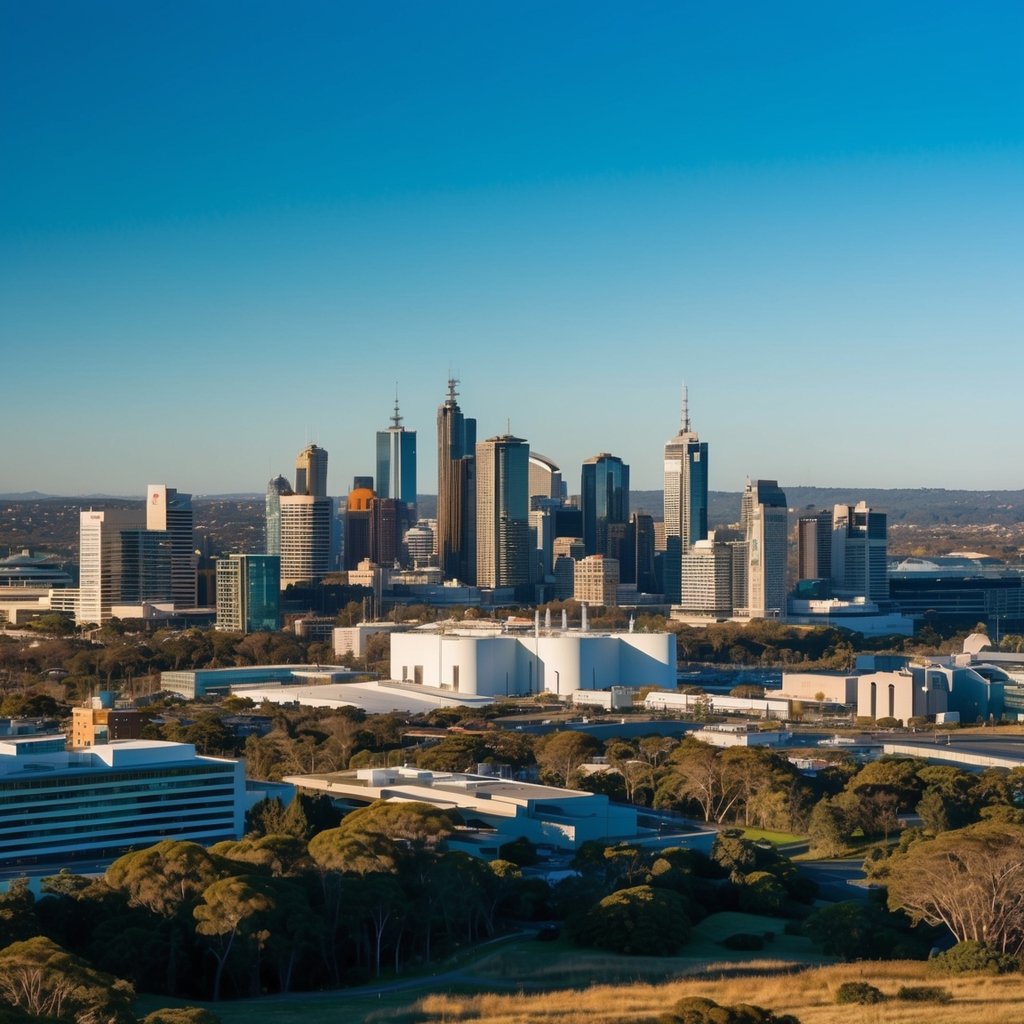 A bustling Australian city skyline with prominent healthcare and industry buildings, surrounded by natural landscapes and clear blue skies