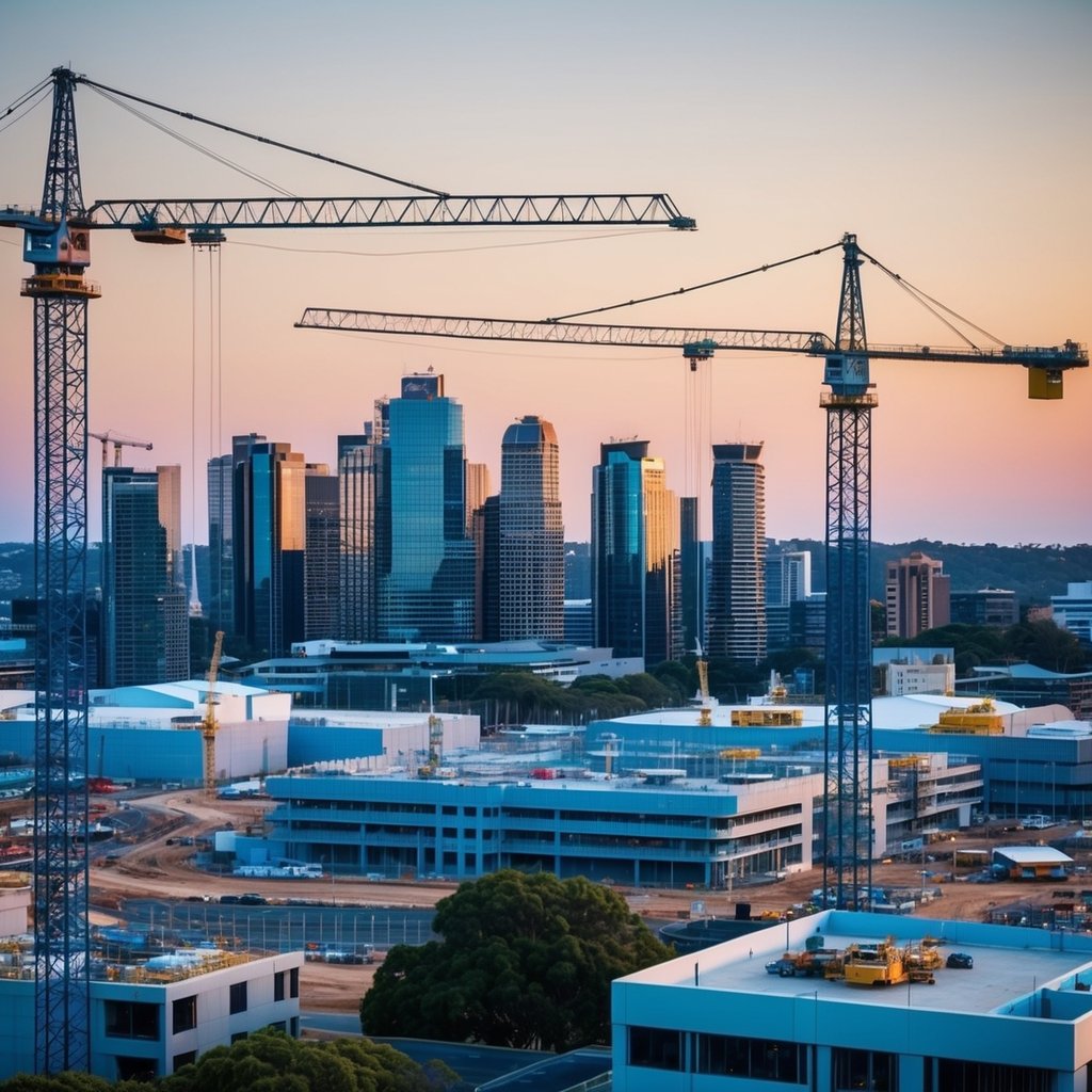 A bustling construction site in Australia, with cranes towering over a skyline of new buildings and engineers working on various projects