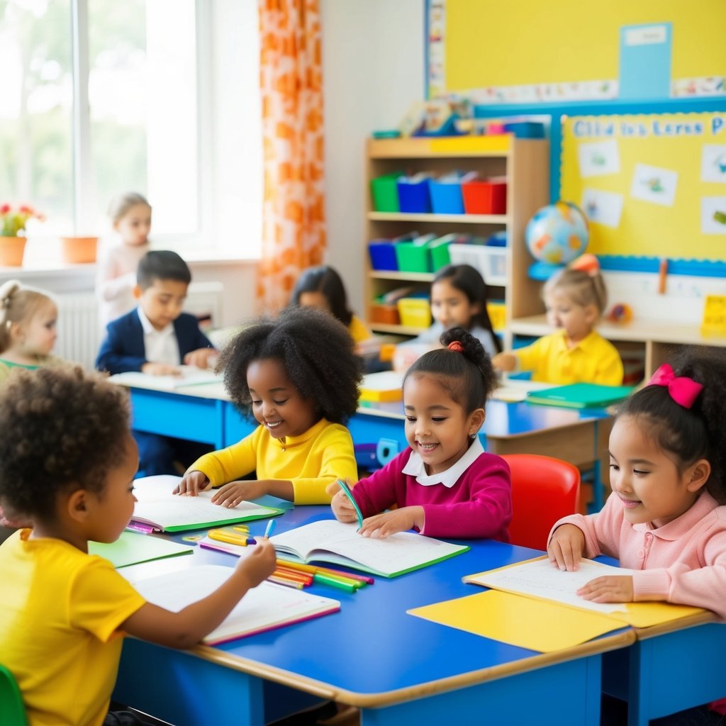 A vibrant classroom setting with children engaged in learning activities, surrounded by educational materials and childcare professionals