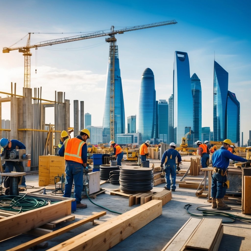 A bustling construction site with various tradespeople working on different projects, from welding to carpentry, amidst a backdrop of modern skyscrapers