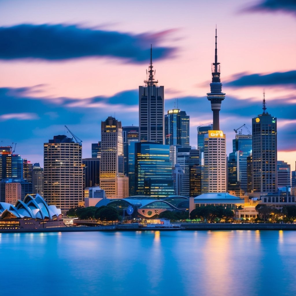 A bustling Australian city skyline with iconic landmarks and various industries in high demand, such as technology, healthcare, and engineering