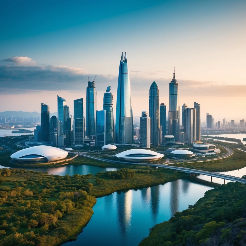 A bustling city skyline with futuristic buildings and advanced technology, surrounded by natural landscapes and wildlife