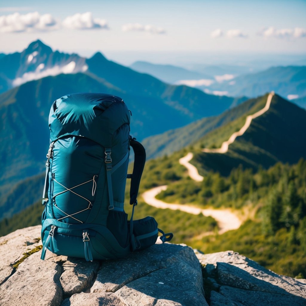 A backpack resting on a mountain peak, surrounded by a lush landscape and a winding trail disappearing into the distance