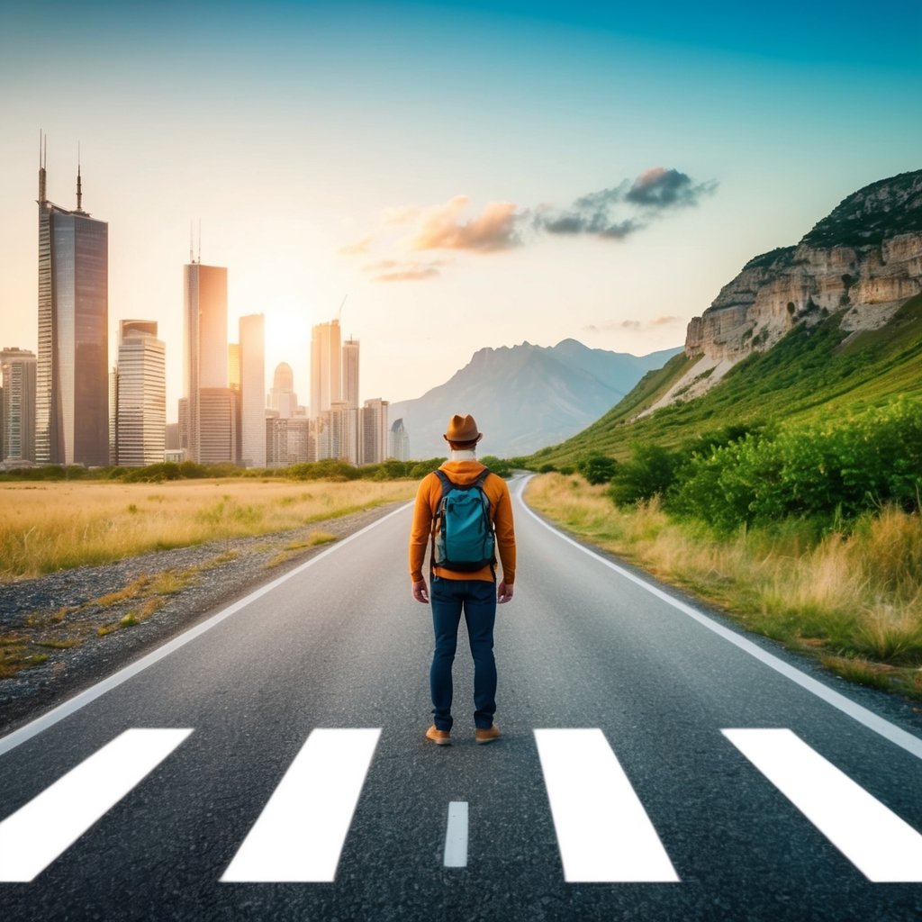 A traveler stands at a crossroads, with one path leading to a bustling city and the other to a serene natural landscape, symbolizing the decision to take a gap year for personal growth and adventure